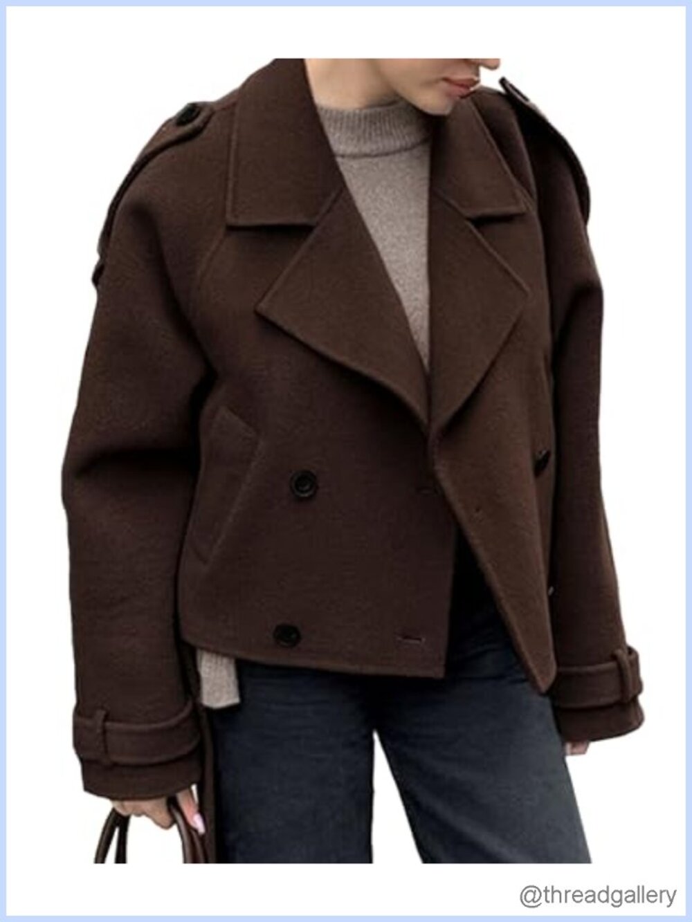 Wool Blend Cropped Trench Pea Coat Double Breasted Belted